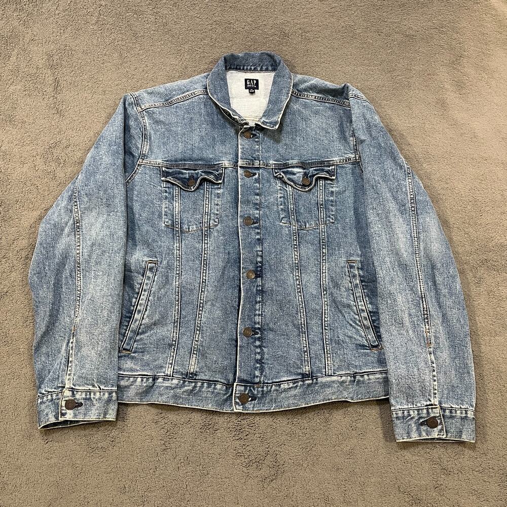 GAP Medium Wash Blue Button Flap Chest Pockets Denim Trucker Jacket Men's Sz XXL